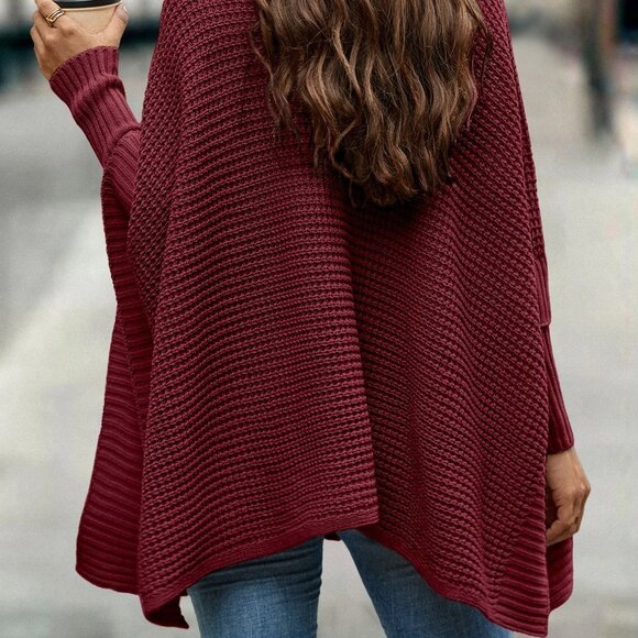 Red Preppy Womens Turtleneck Batwing Sleeve Poncho - Picture 2 of 5